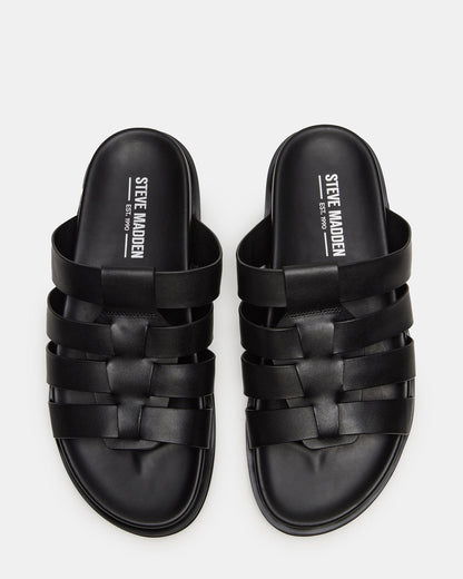 MARVYN Black Leather Men's Fisherman Slip-On Sandal