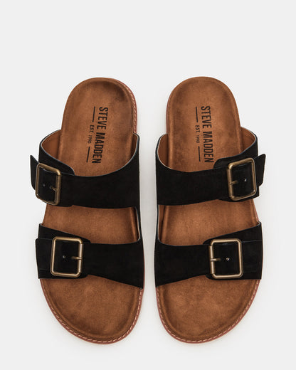 CORBAN Black Suede Men's Double Buckle Closure Footbed Sandal