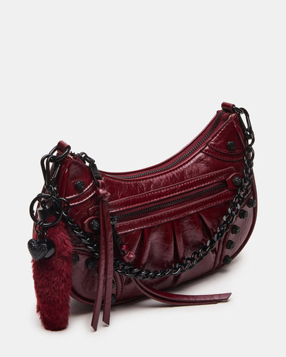 ERIKA Bag Wine Rhinestone Embellished Studded Crinkle Moto Crossbody Handbag