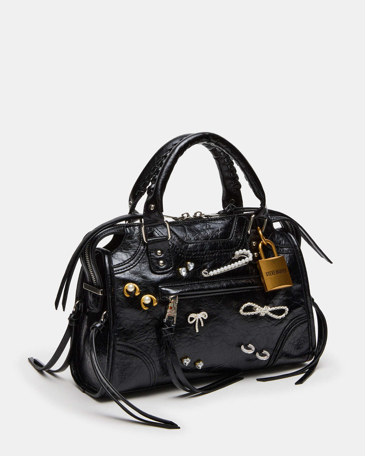RIGGS Bag Embellished Black Distressed Slouchy Top-Handle Crossbody Satchel Handbag