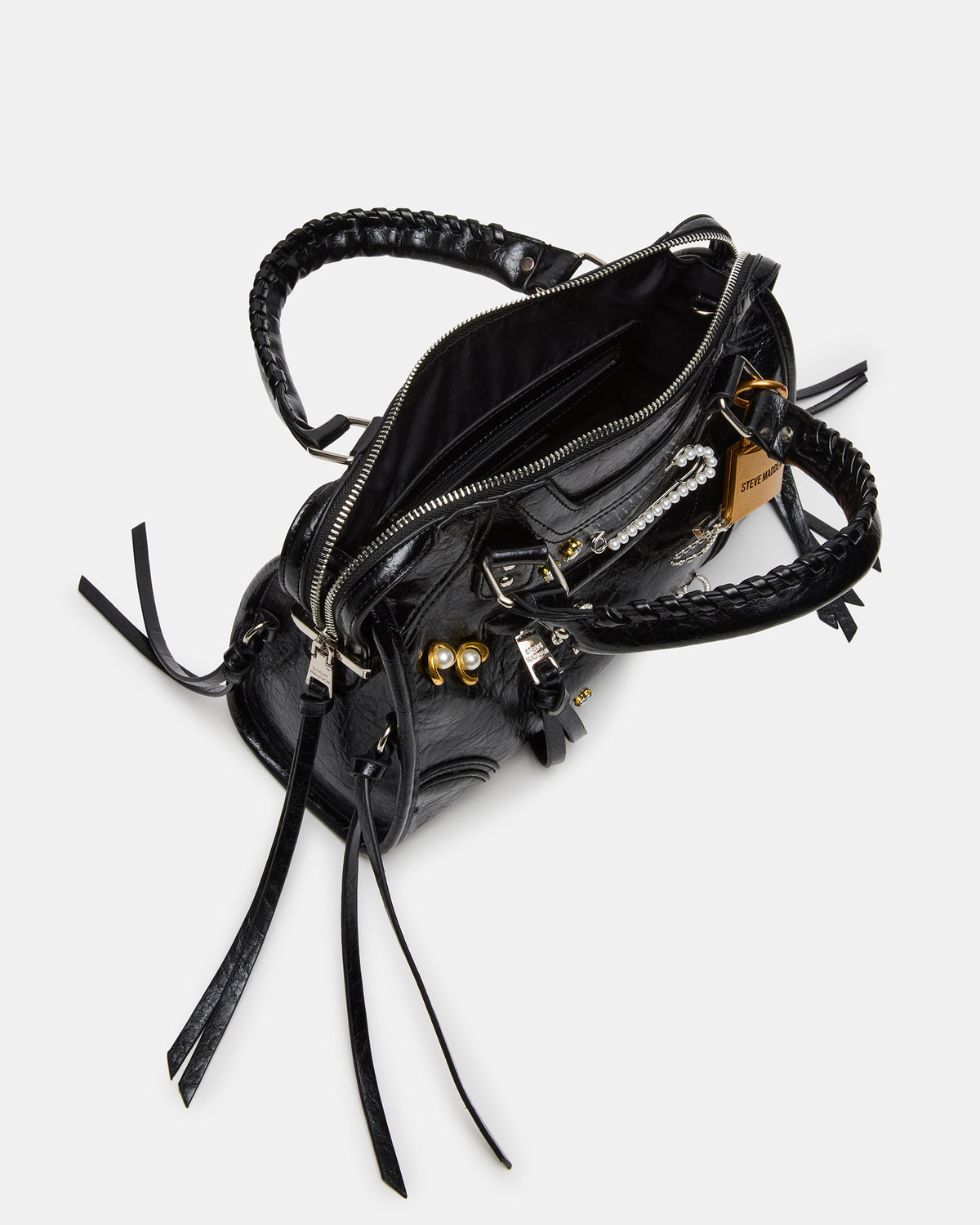 RIGGS Bag Embellished Black Distressed Slouchy Top-Handle Crossbody Satchel Handbag