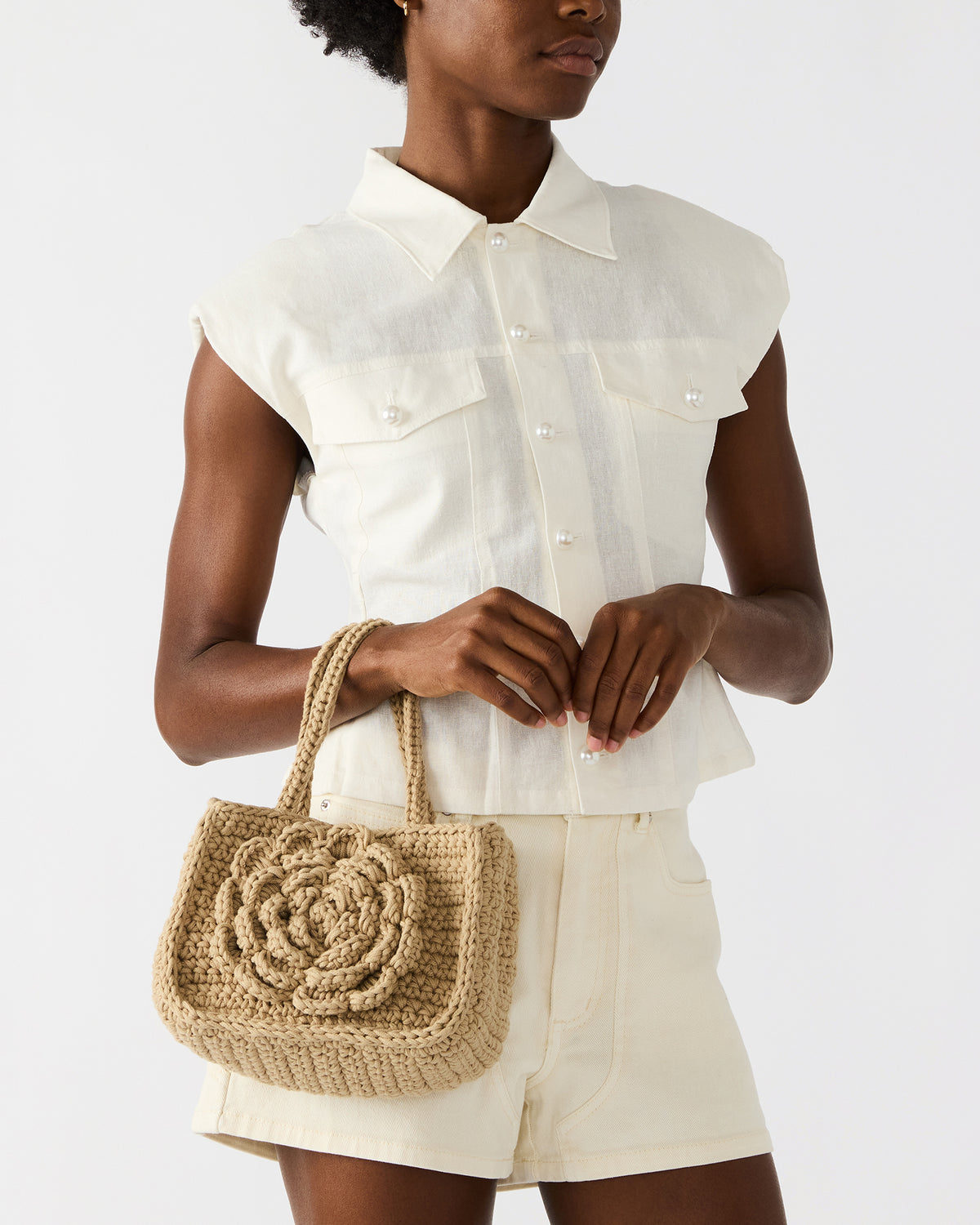 LUVLY Bag Natural Mini Top-Handle Flower Decal Crochet Crossbody Handbag