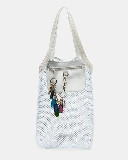 MAKIA White Women's Crystal Rhinestone Shoulder Strap Net Tote Handbag