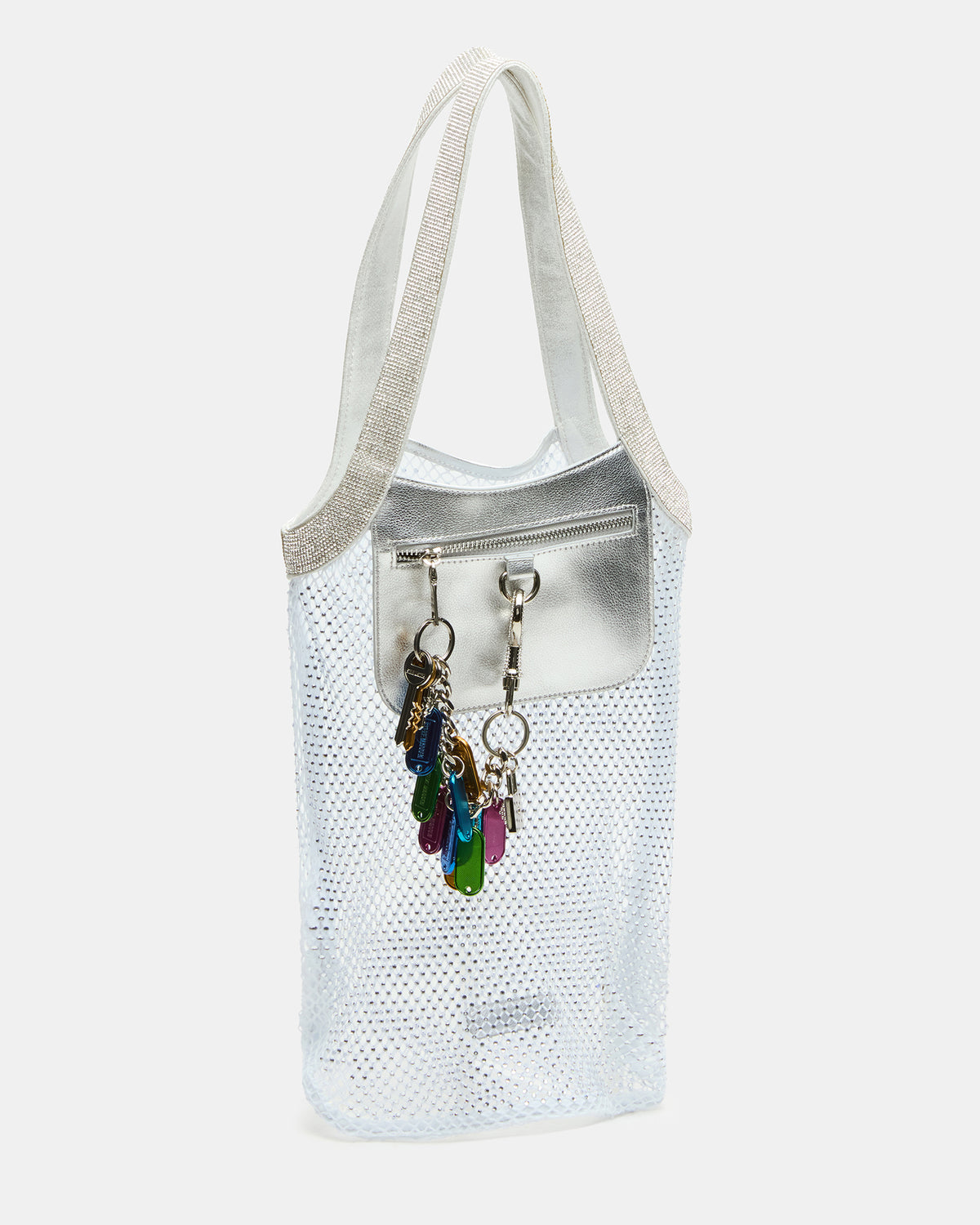 MAKIA White Women's Crystal Rhinestone Shoulder Strap Net Tote Handbag