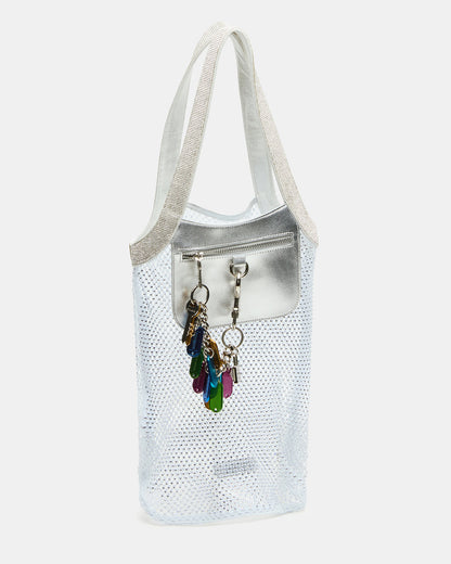 MAKIA White Women's Crystal Rhinestone Shoulder Strap Net Tote Handbag