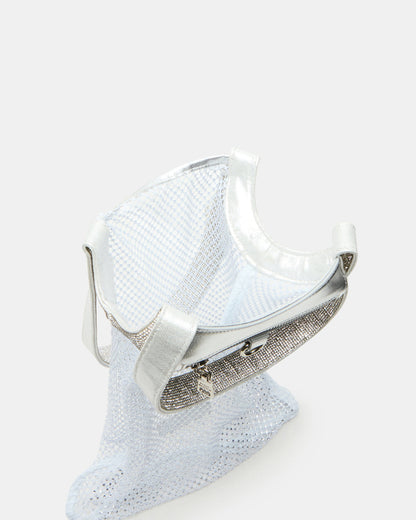 MAKIA White Women's Crystal Rhinestone Shoulder Strap Net Tote Handbag