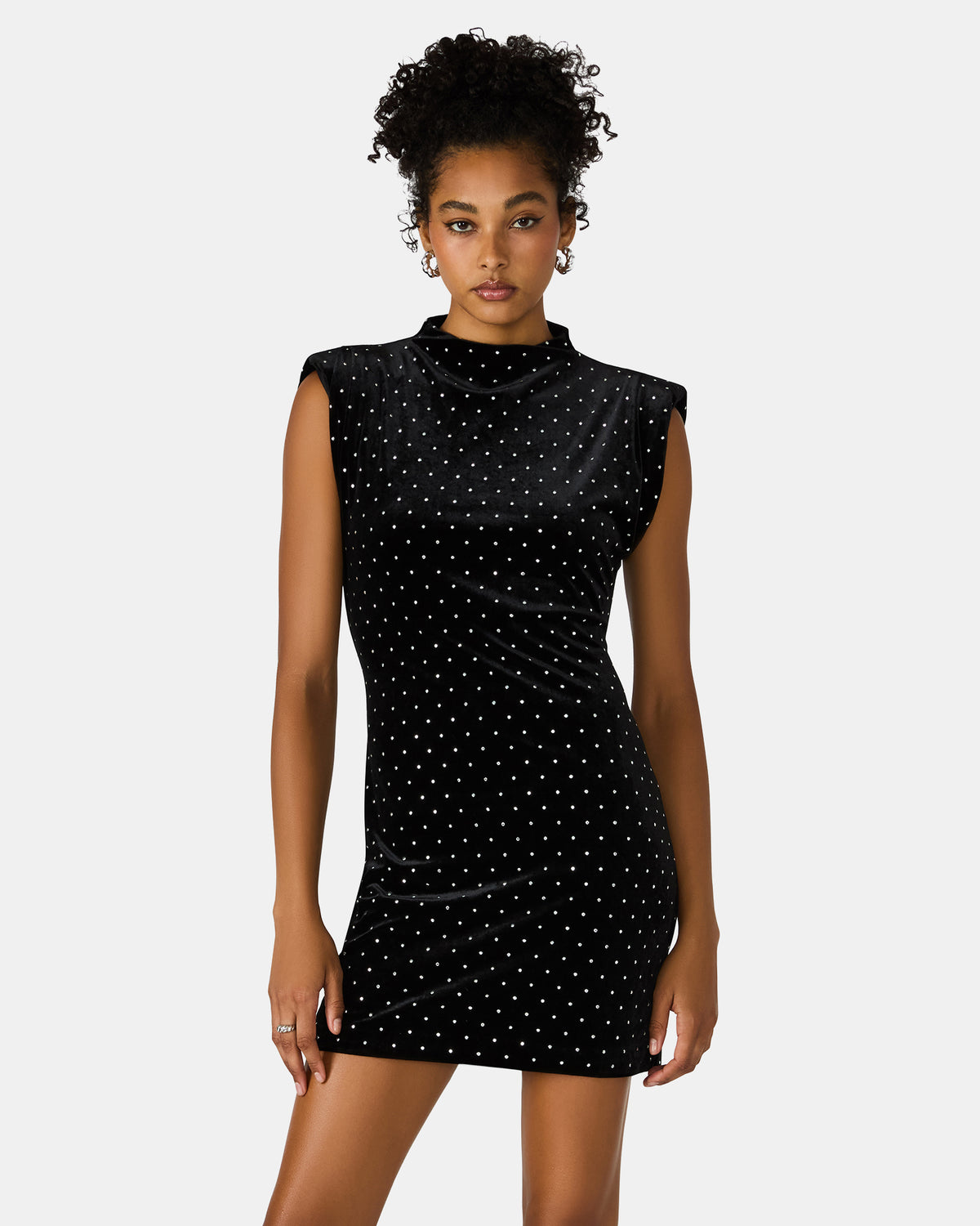 ASTORIA Black Rhinestone Embellished Velvet Shoulder Pads Bodycon Mini Women's Dress