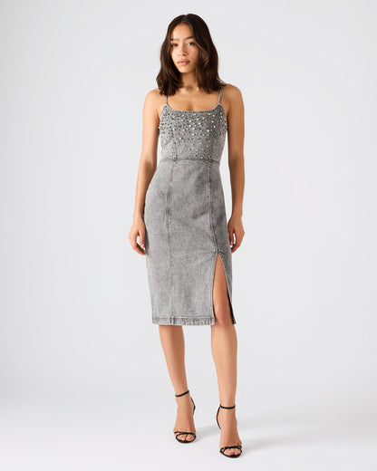 EMBELLISHED GISELLE Fog Denim Midi Women's Dress with Slit