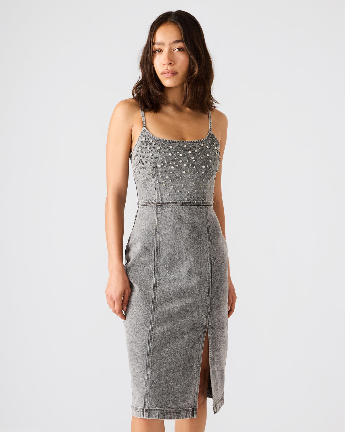 EMBELLISHED GISELLE Fog Denim Midi Women's Dress with Slit