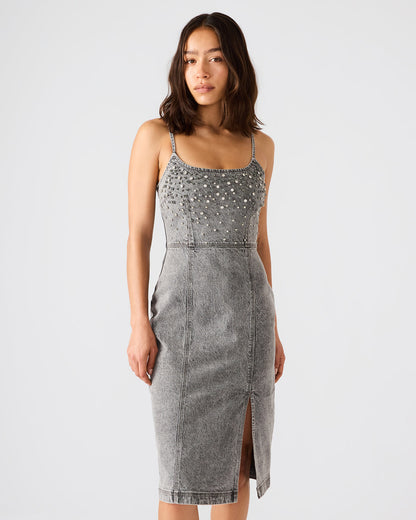 EMBELLISHED GISELLE Fog Denim Midi Women's Dress with Slit