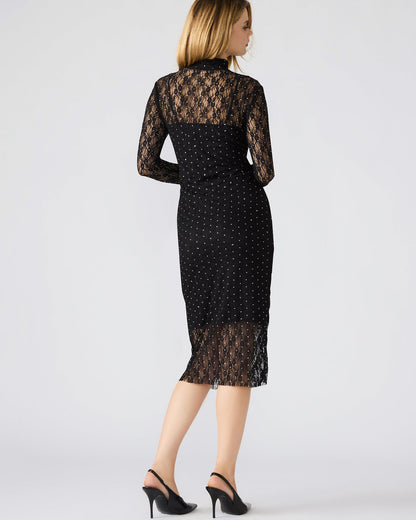 VIVIENNE Black Studded Lace Women's Mock Neck Midi Dress