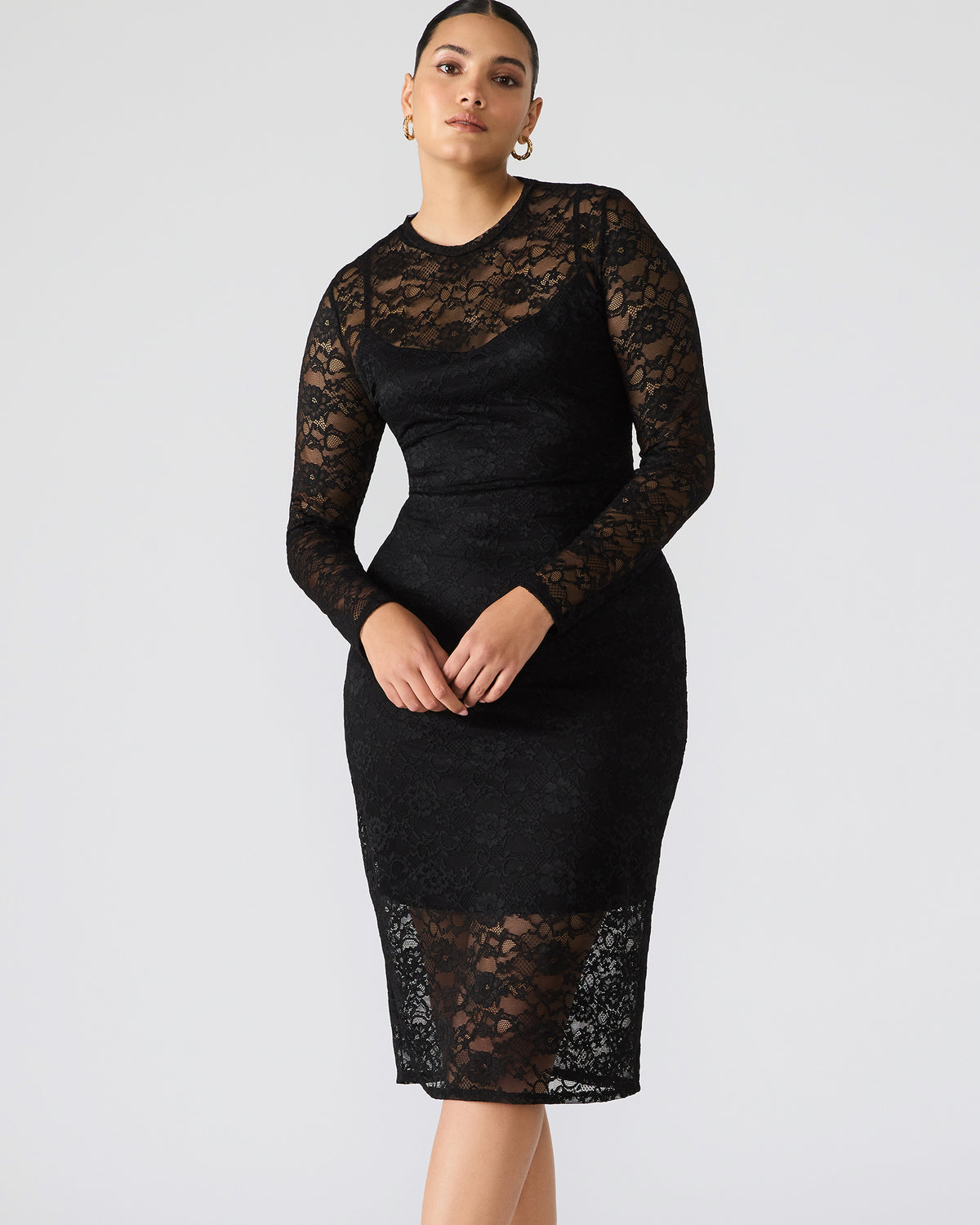HAILEE Lace Black Long-Sleeved Mesh Pull-On Mock Neck Midi Women's Dress