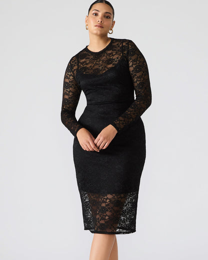 HAILEE Lace Black Long-Sleeved Mesh Pull-On Mock Neck Midi Women's Dress