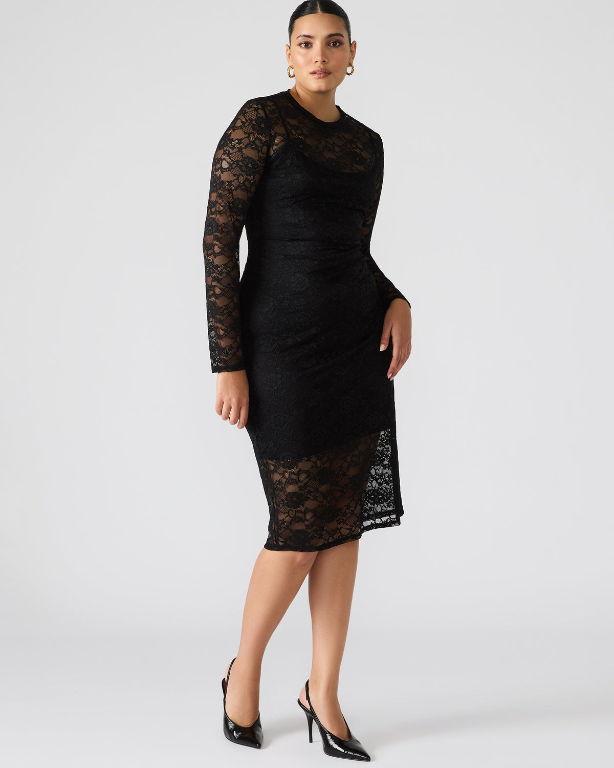HAILEE Lace Black Long-Sleeved Mesh Pull-On Mock Neck Midi Women's Dress