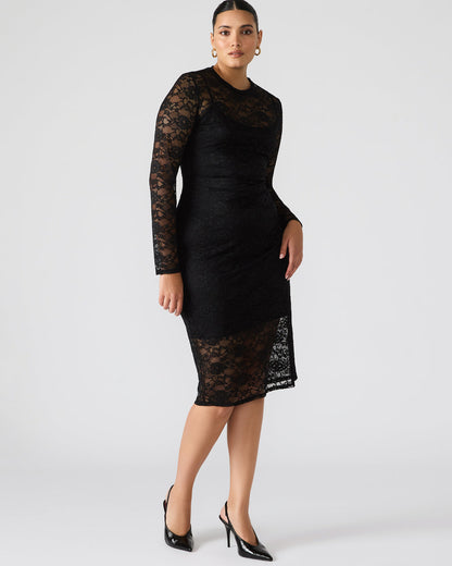 HAILEE Lace Black Long-Sleeved Mesh Pull-On Mock Neck Midi Women's Dress