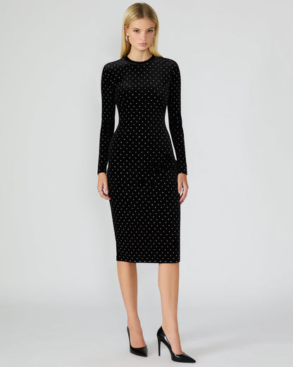 HAILEE Black Studded Velvet Long-Sleeved Pull-On Mock Neck Midi Women's Dress
