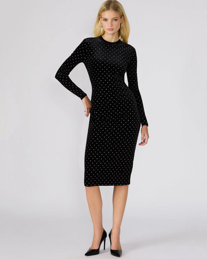 HAILEE Black Studded Velvet Long-Sleeved Pull-On Mock Neck Midi Women's Dress