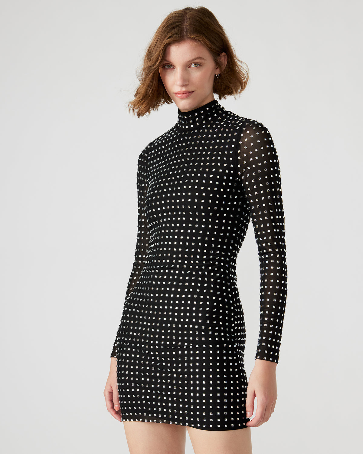 KRISTA Black Women's Long-Sleeved Bodycon Rhinestone Mini Dress