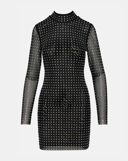 KRISTA Black Women's Long-Sleeved Bodycon Rhinestone Mini Dress