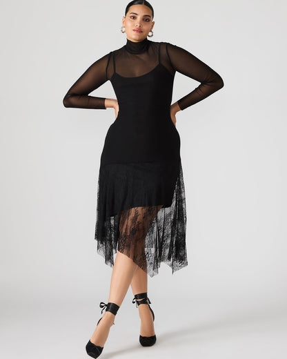SILAS Black Long-Sleeved Mesh Lace Overylay Flowy Women's Dress