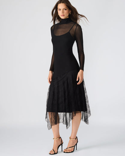 SILAS Black Long-Sleeved Mesh Lace Overylay Flowy Women's Dress