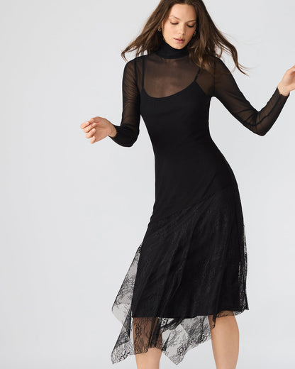 SILAS Black Long-Sleeved Mesh Lace Overylay Flowy Women's Dress