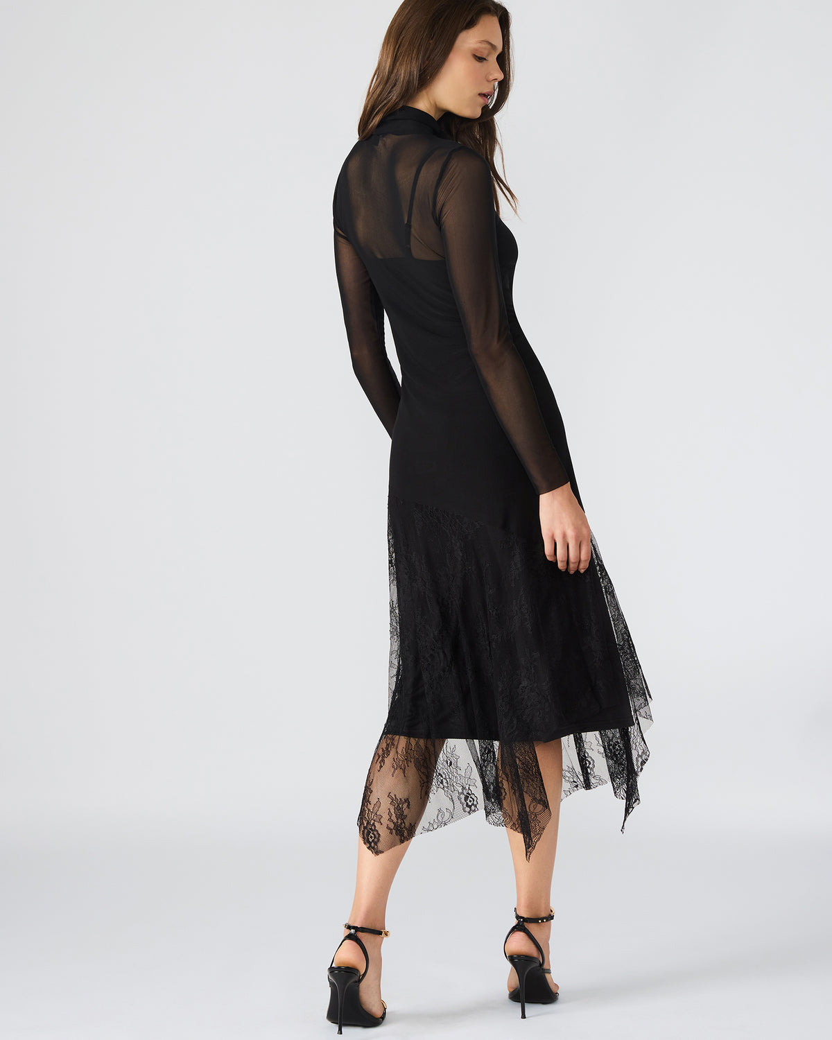 SILAS Black Long-Sleeved Mesh Lace Overylay Flowy Women's Dress