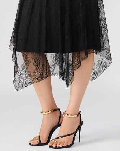 SILAS Black Long-Sleeved Mesh Lace Overylay Flowy Women's Dress