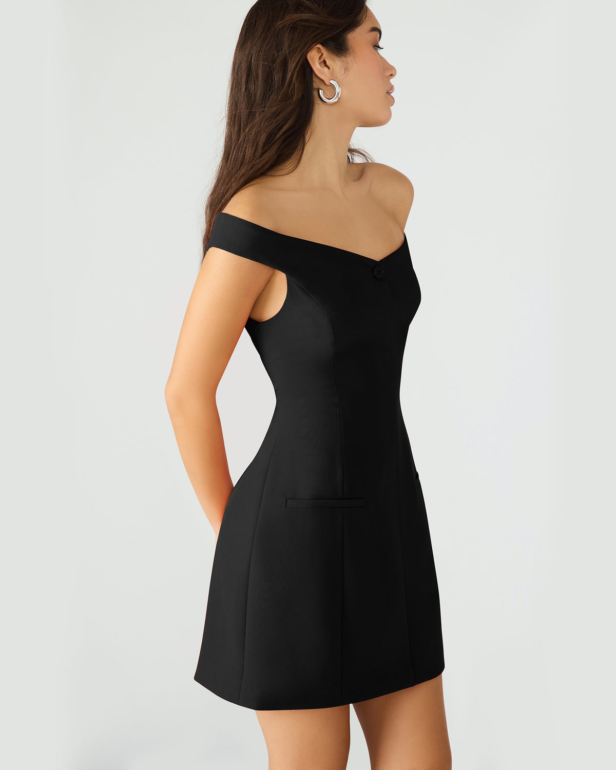 YANA Black Off-The-Shoulder Pleated Women's Dress