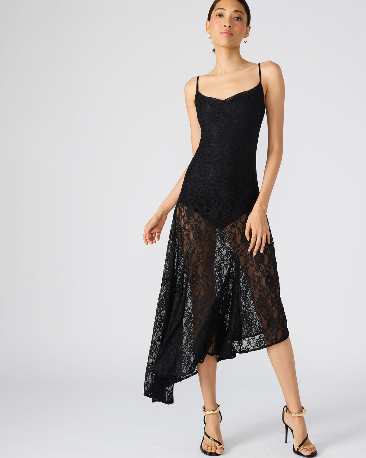 LOUISA Black Flowy Sleeveless Mesh Lace Womens Dress