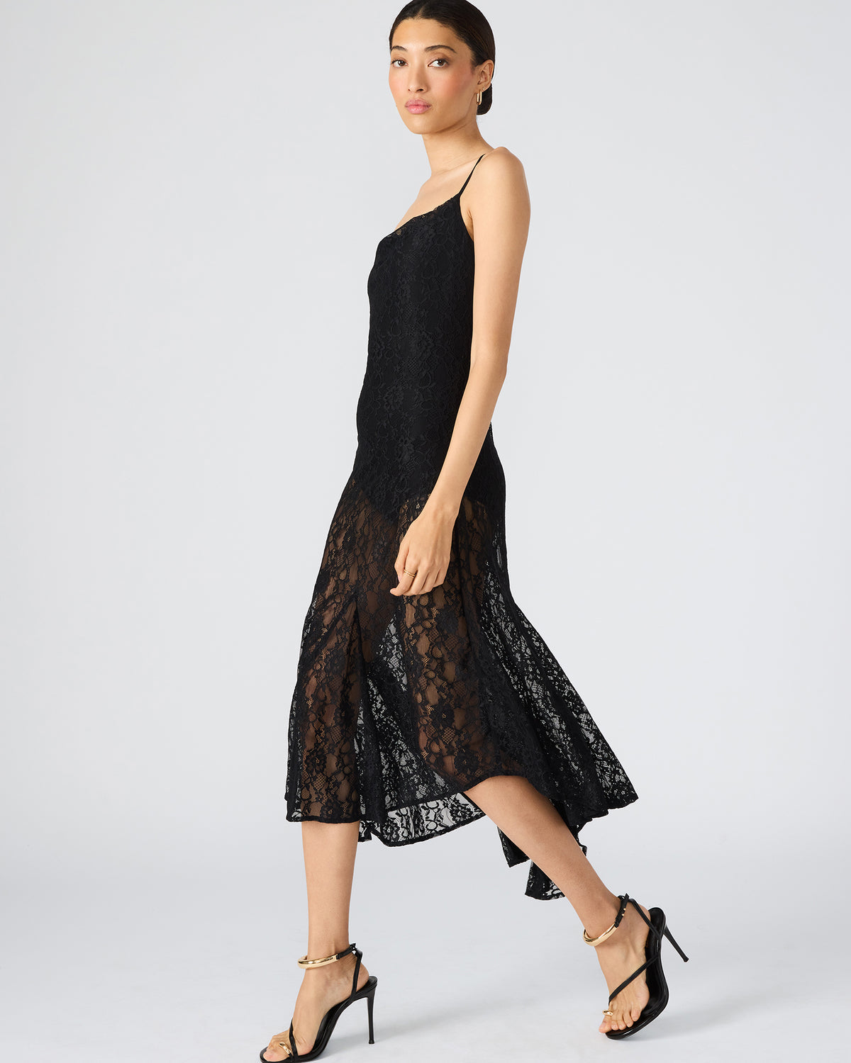 LOUISA Black Flowy Sleeveless Mesh Lace Womens Dress