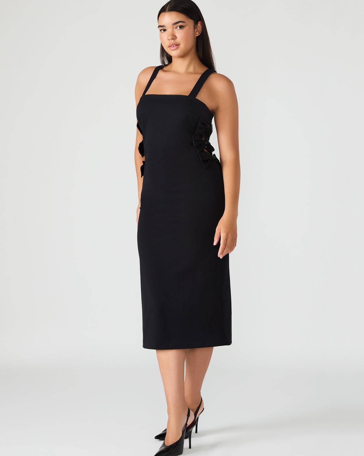 RENE Black Form-Fitting Bow Women's Midi Dress