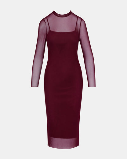 HAILEE Wine Long-Sleeved Mesh Pull-On Mock Neck Midi Women's Dress