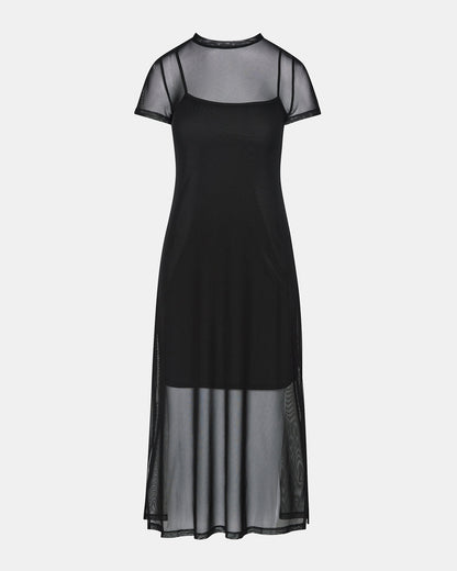 NOLA Black Short-Sleeved Mesh Sheer Women's Dress