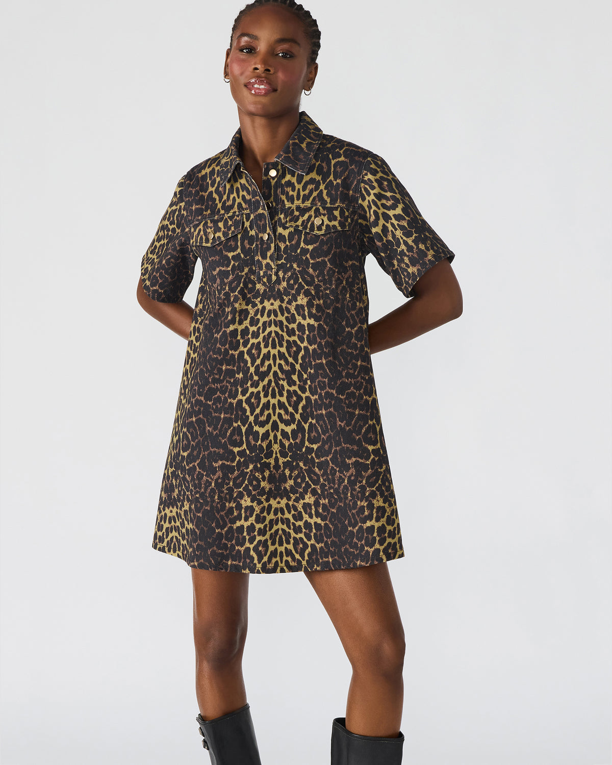 FREDDY Hot Spots Print Short-Sleeved Denim Button-Up Mini Women's Dress
