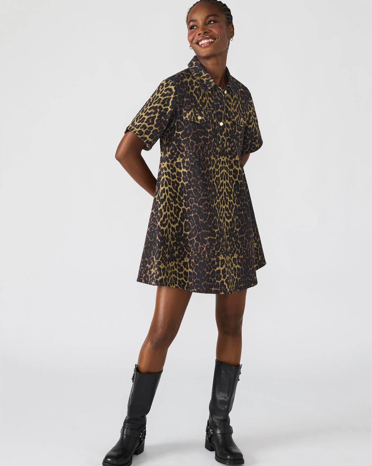 FREDDY Hot Spots Print Short-Sleeved Denim Button-Up Mini Women's Dress
