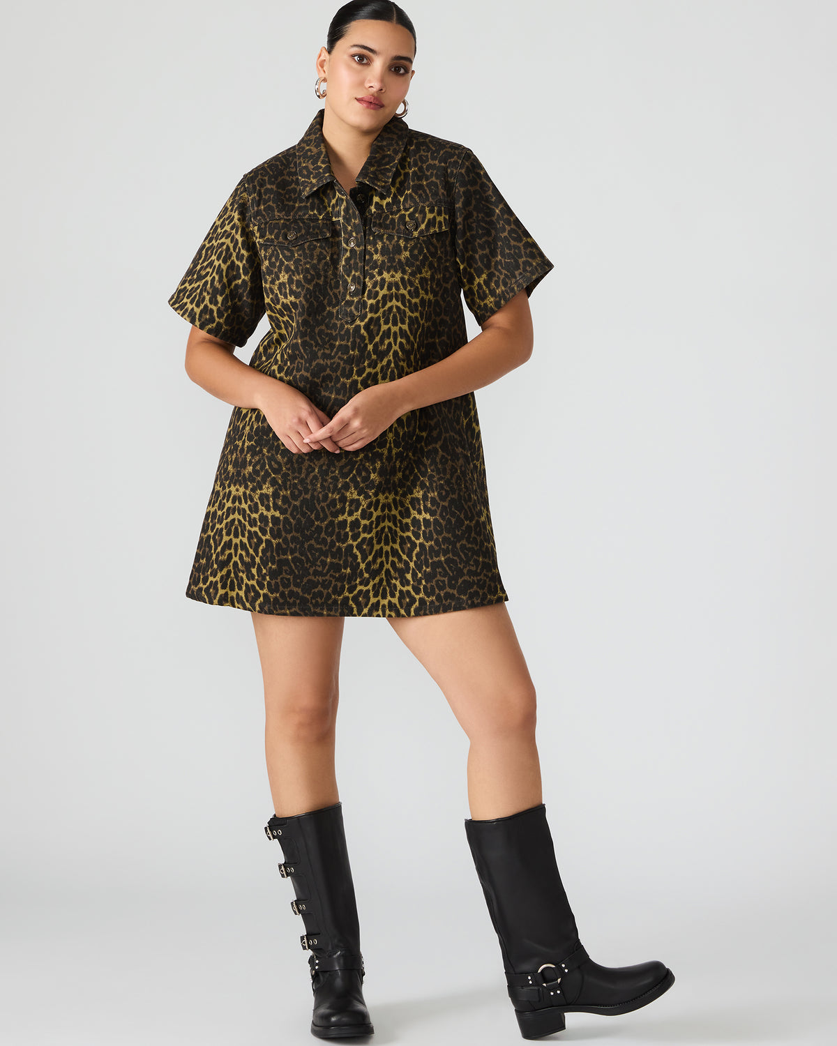 FREDDY Hot Spots Print Short-Sleeved Denim Button-Up Mini Women's Dress