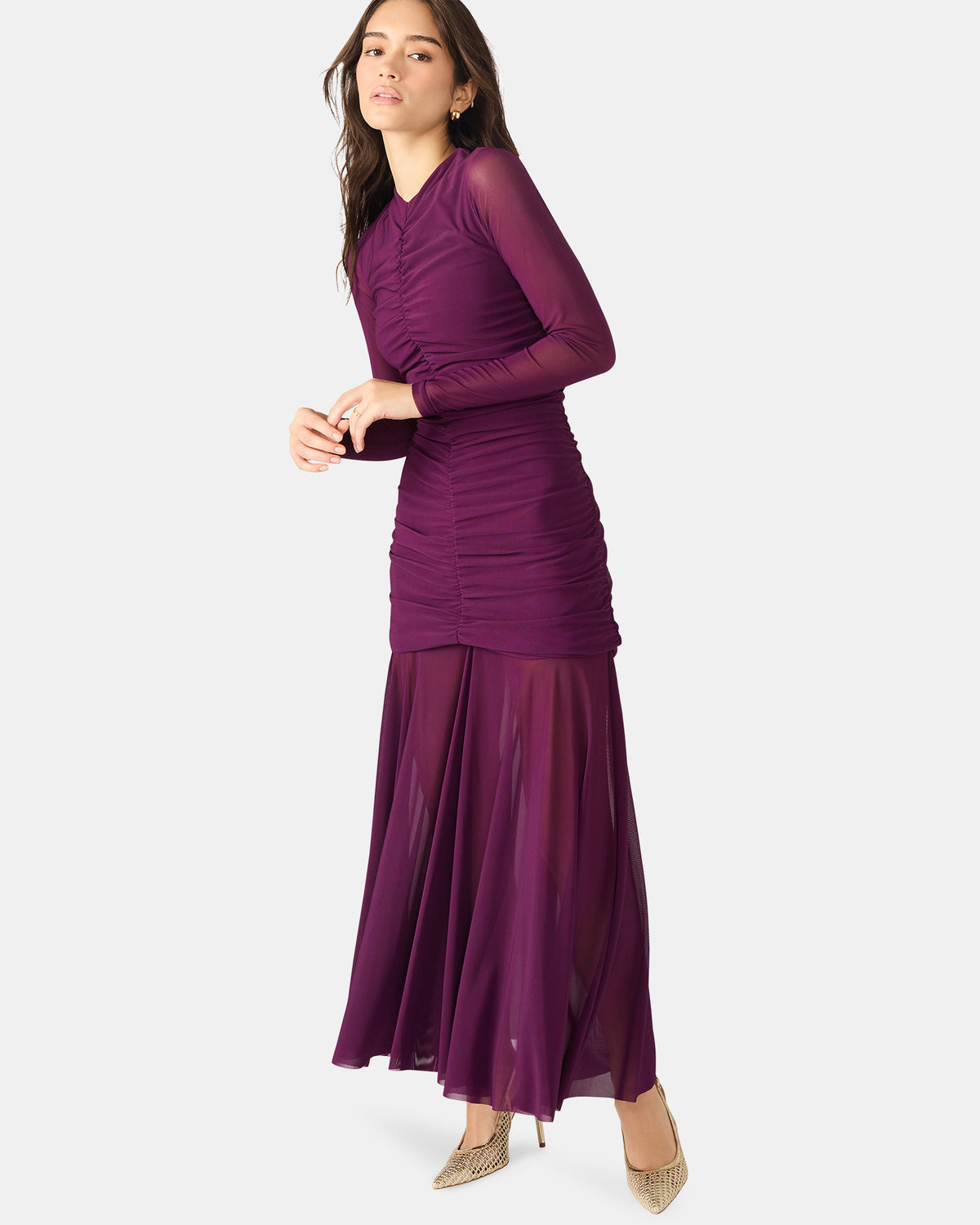KIARA Beet Long-Sleeved Maxi Mesh Flowy Women's Dress