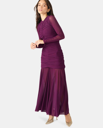 KIARA Beet Long-Sleeved Maxi Mesh Flowy Women's Dress