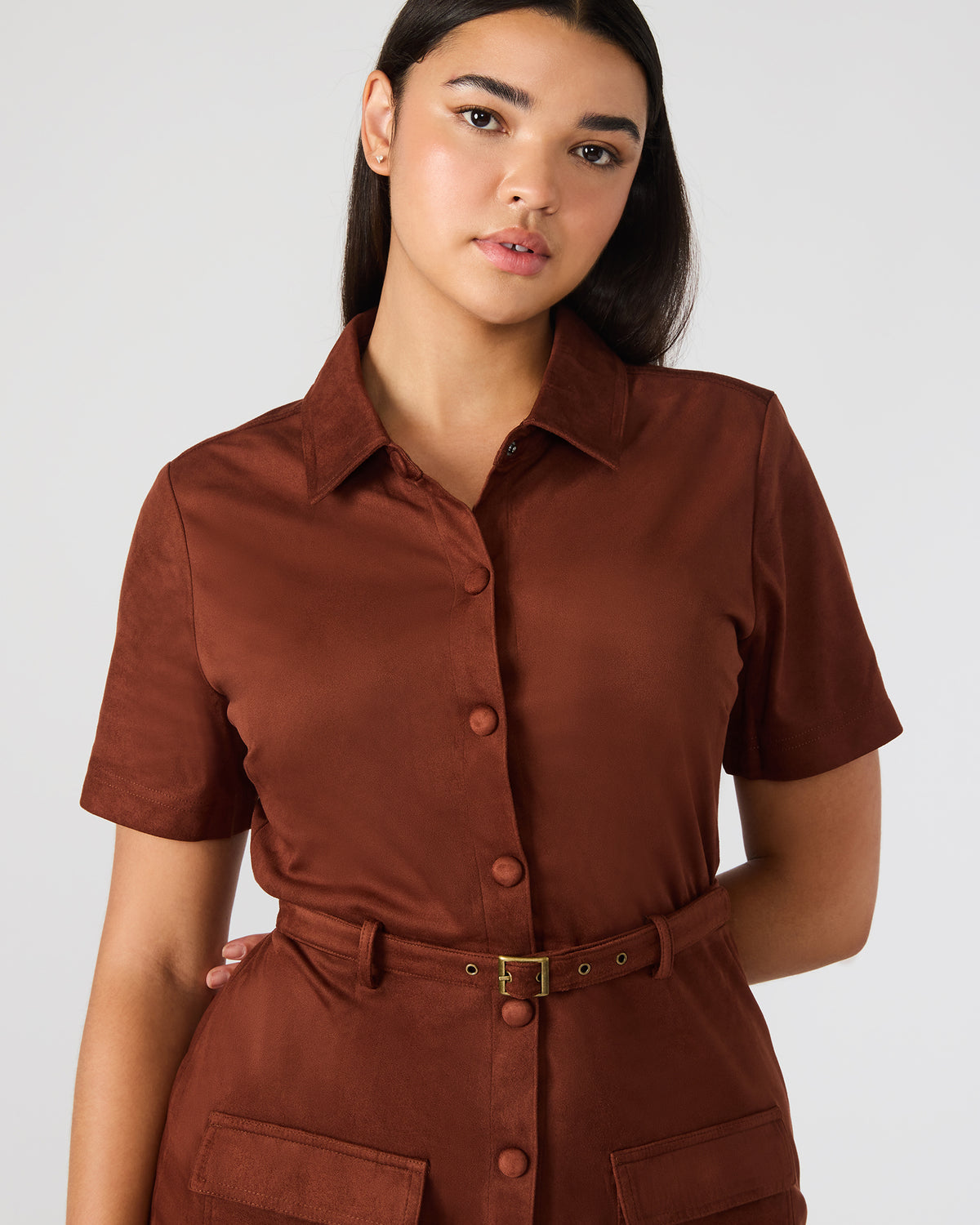 JOLIANA Dark Fig Short-Sleeved Mini Button-Up Women's Dress