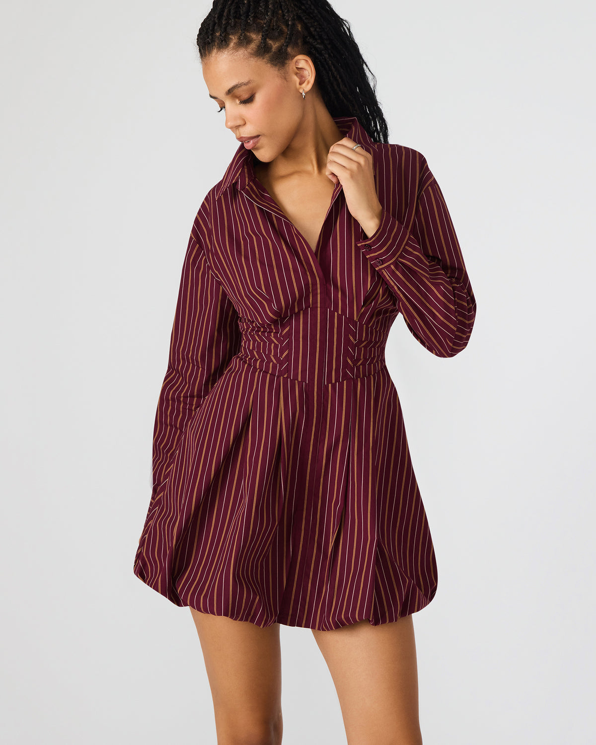 ARIELLE Wine Long-Sleeved Button-Up Bubble Women's Dress
