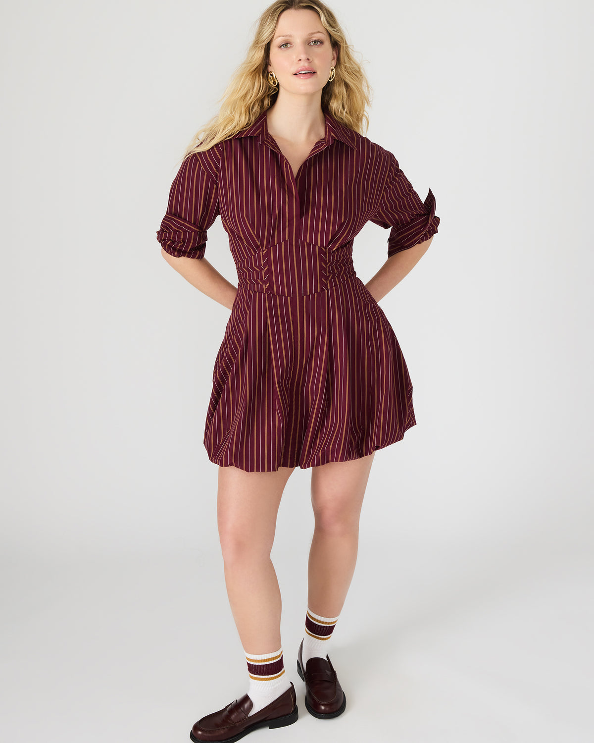ARIELLE Wine Long-Sleeved Button-Up Bubble Women's Dress