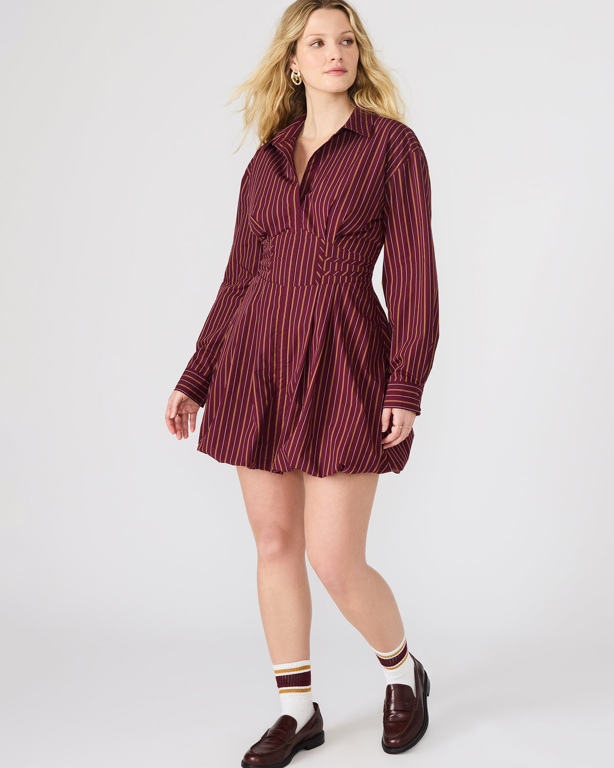 ARIELLE Wine Long-Sleeved Button-Up Bubble Women's Dress