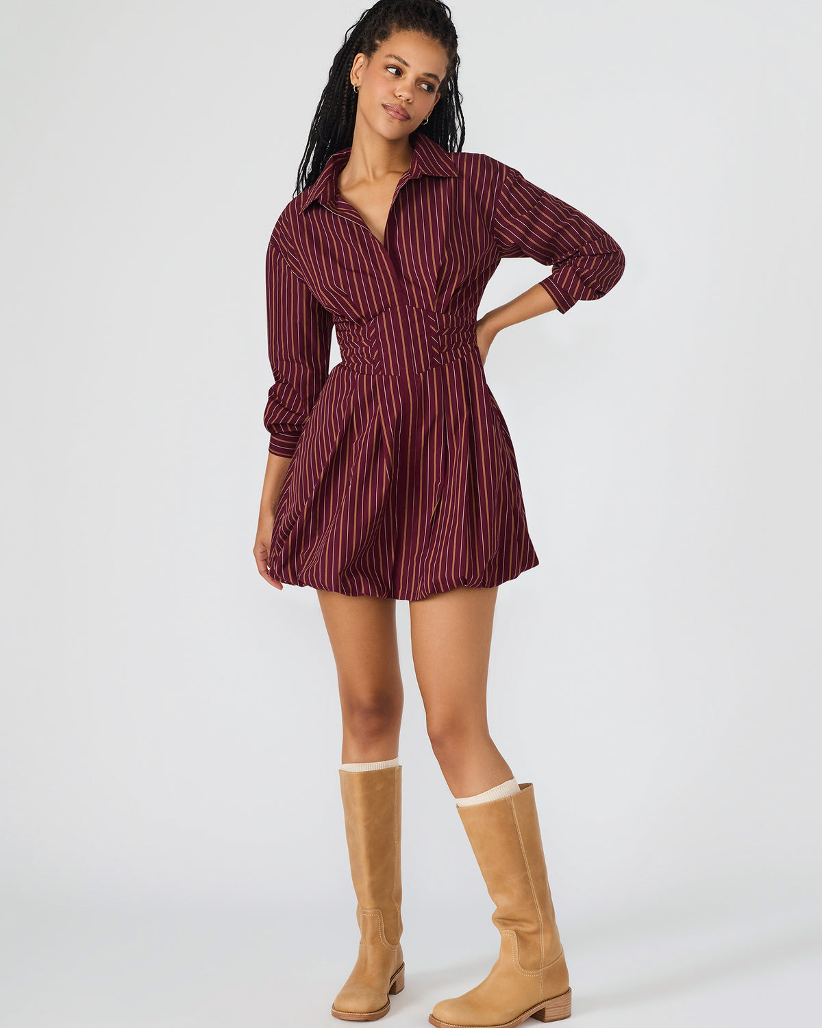 ARIELLE Wine Long-Sleeved Button-Up Bubble Women's Dress