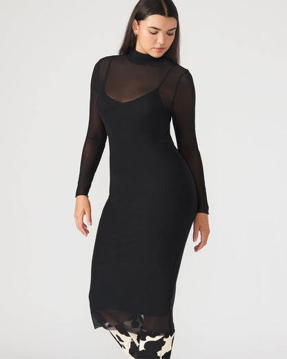 HAILEE Black Long-Sleeved Mesh Pull-On Mock Neck Midi Women's Dress