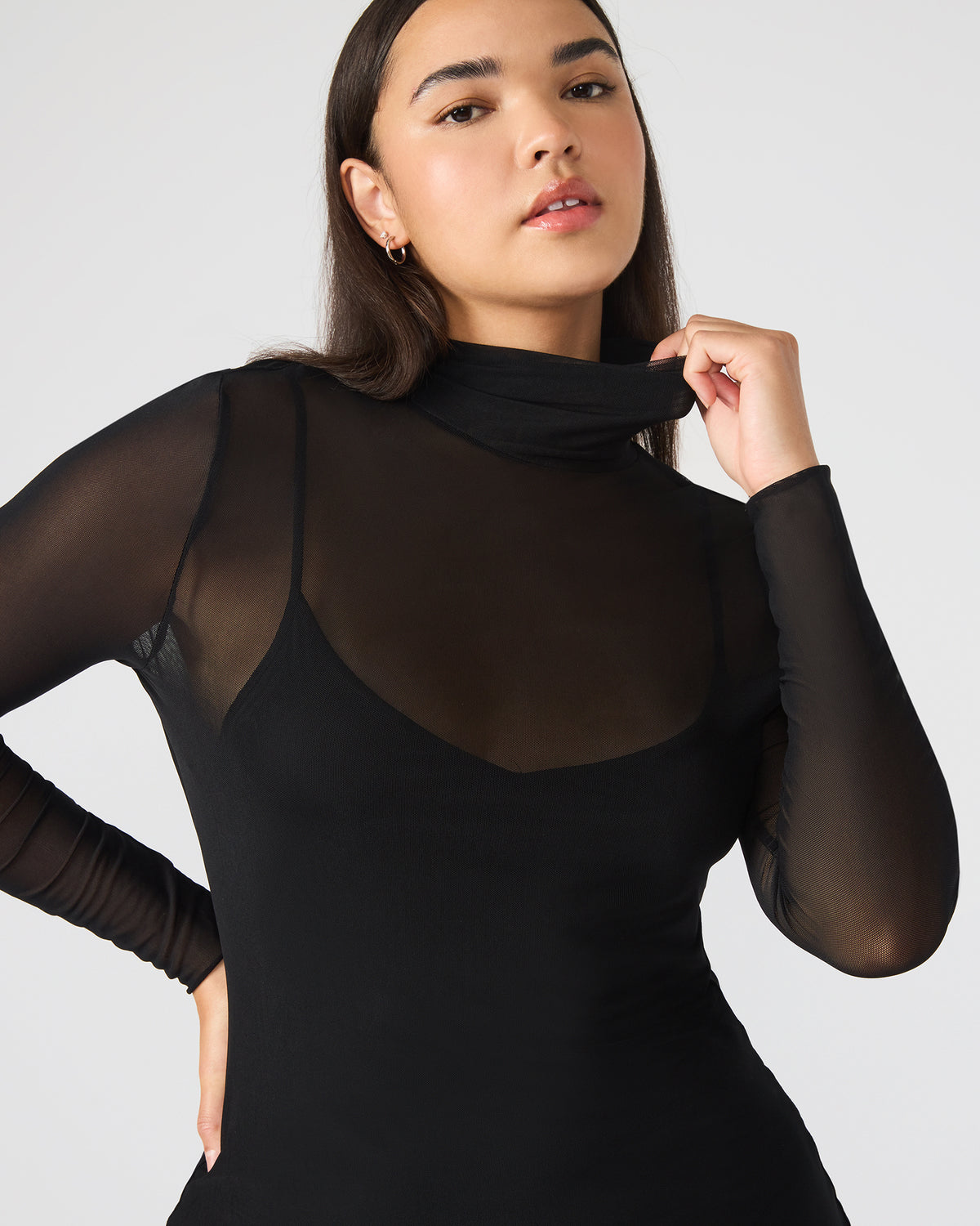 HAILEE Black Long-Sleeved Mesh Pull-On Mock Neck Midi Women's Dress
