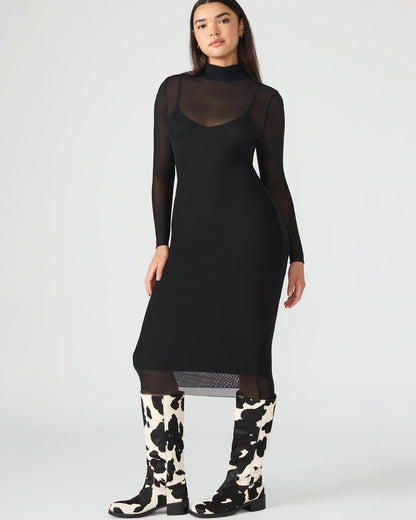 HAILEE Black Long-Sleeved Mesh Pull-On Mock Neck Midi Women's Dress