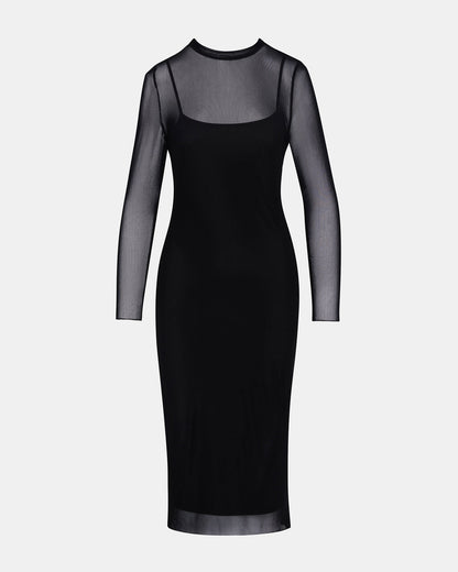 HAILEE Black Long-Sleeved Mesh Pull-On Mock Neck Midi Women's Dress