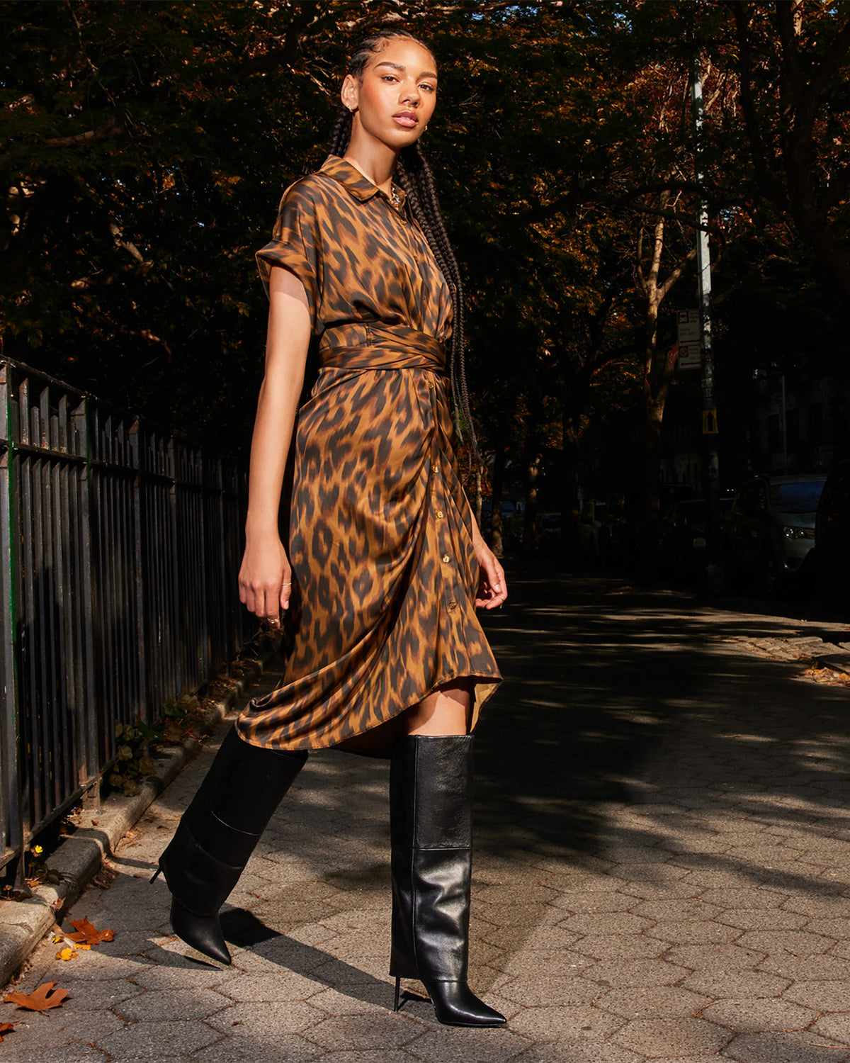 TORI Leopard Button Up Collared Midi Dress