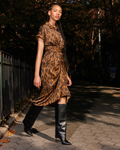 TORI Leopard Button Up Collared Midi Dress